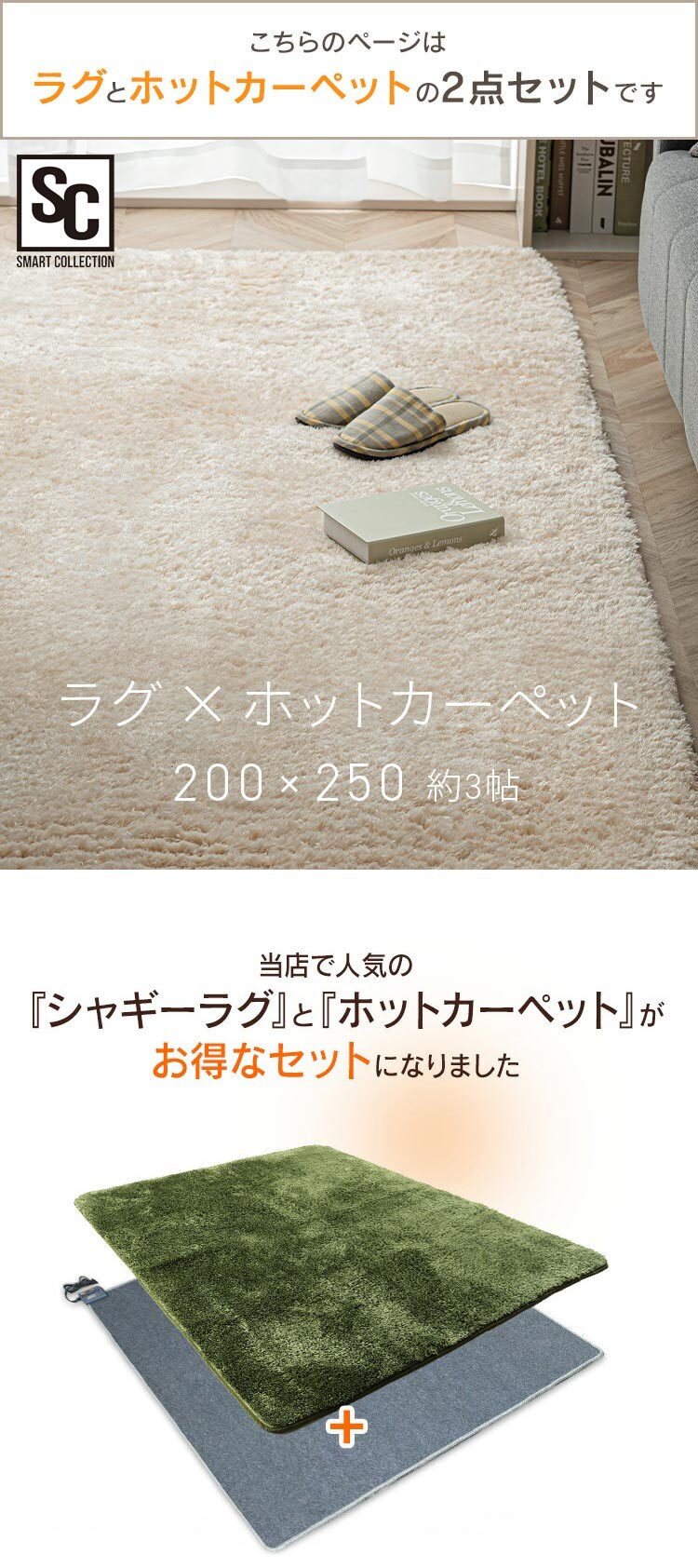 ホットカーペット+シャギーラグ 200&times;250cm SGR-2025 ベージュ0