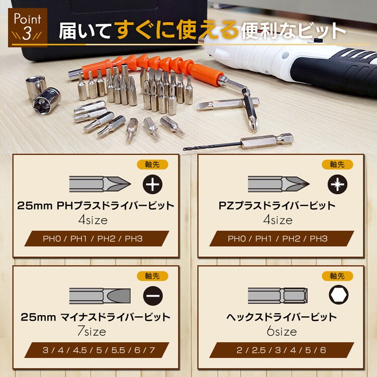  電動ドライバー 3.6V コードレス 充電式 47点セット 軽量 LID-C01IW3