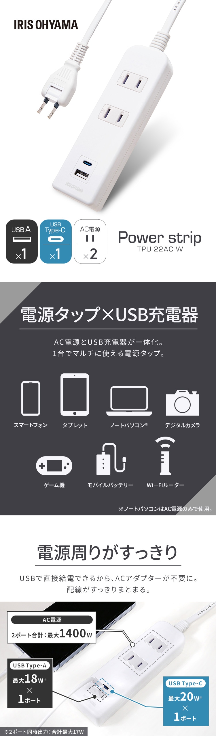 電源タップ 2口 USB充電ポート付き 2m 節電 TPU-22AC-W アイリス