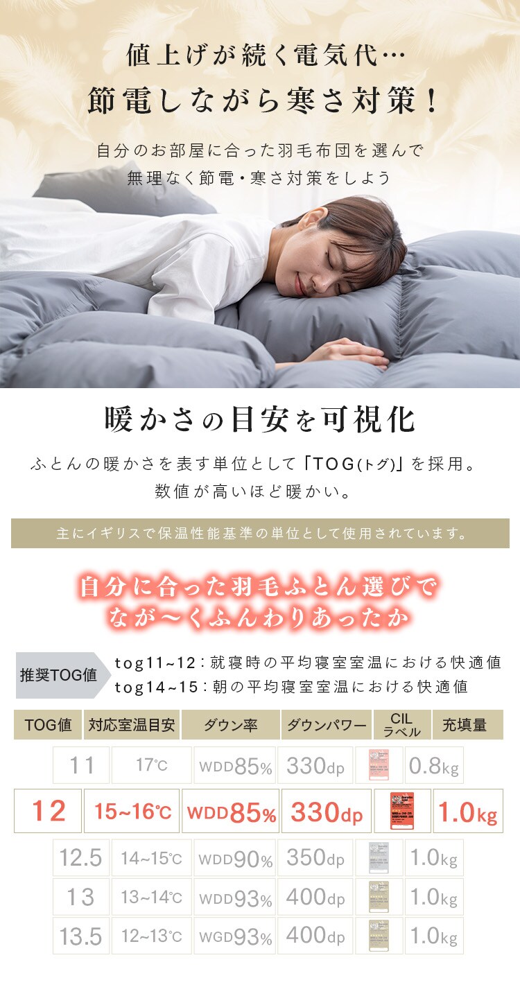 羽毛布団 シングルロング WDD85% 300dp 1.0kg ベージュ3