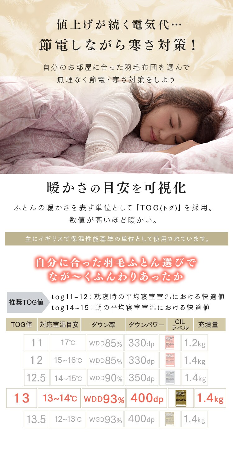 羽毛布団 ダブルロング 国産 WDD93% 400dp 1.4kg ブラウン  3
