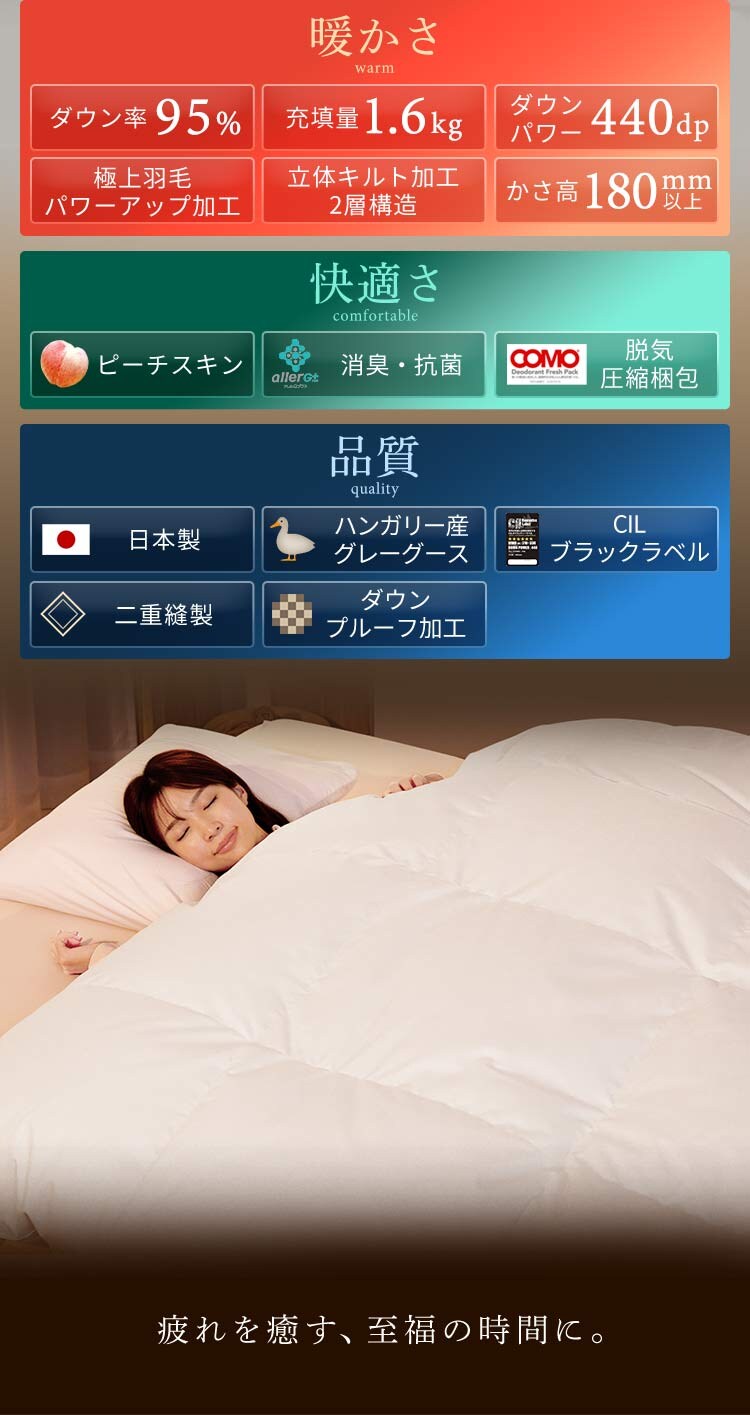 2層式羽毛掛け布団 グレーグースダウン GGD95%（ハンガリー産） 1.6kg 無地 ベージュ ダブル 【直送】 1