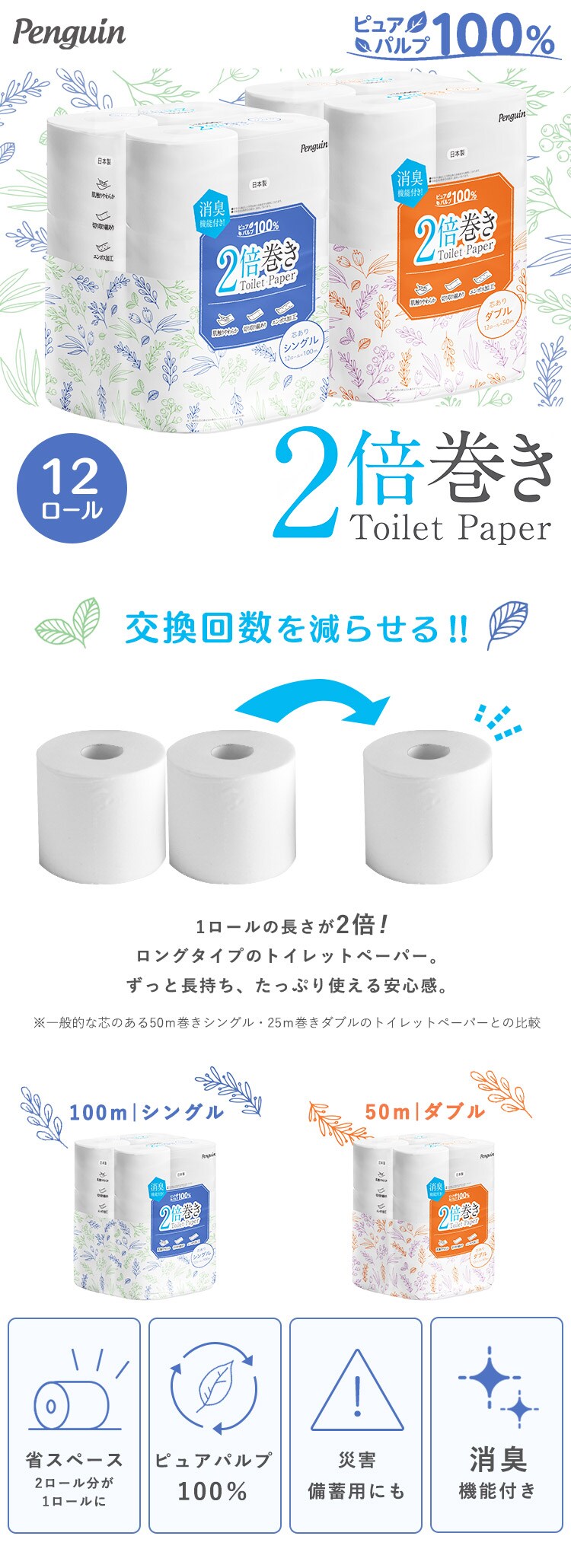 【48ロール】トイレットペーパー シングル 2倍巻 ペンギン0