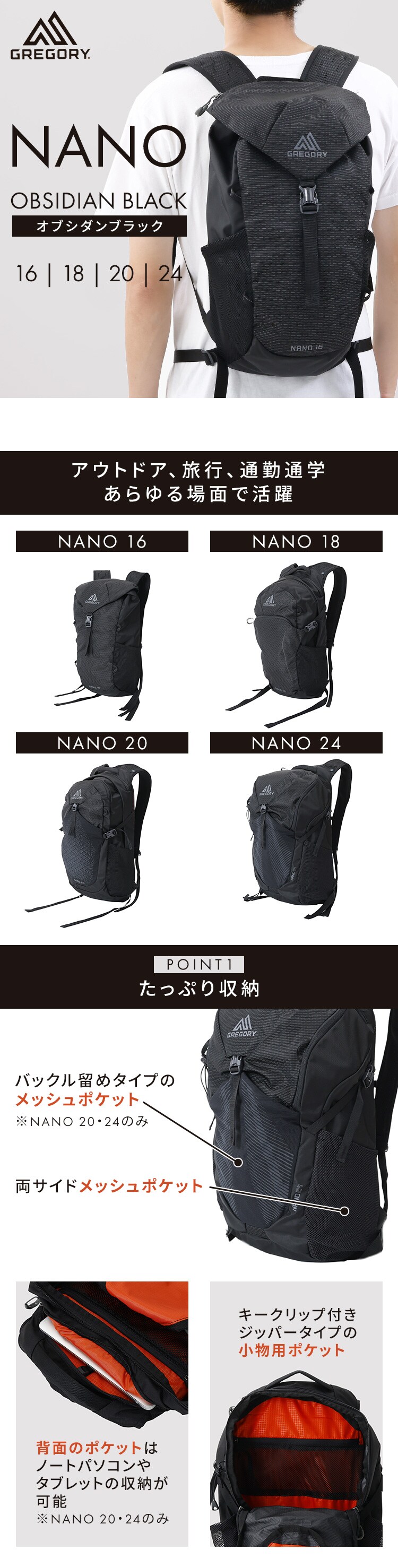 バックパック 20L GREGORY グレゴリー リュック ビジネス NANO 20 OBSIDIAN BLACK 11149904130