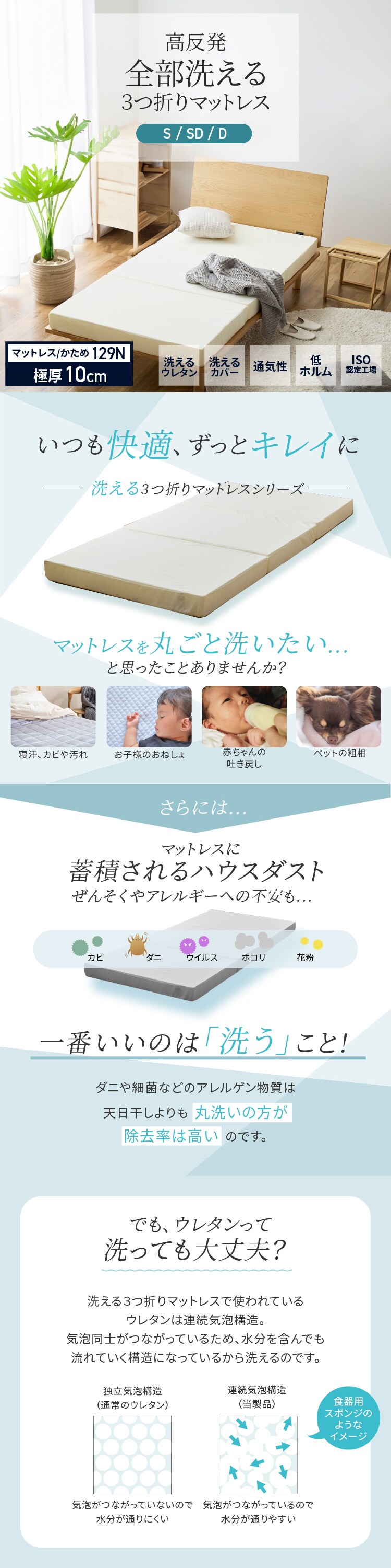 マットレス ダブル 洗える 三つ折り アイボリー0