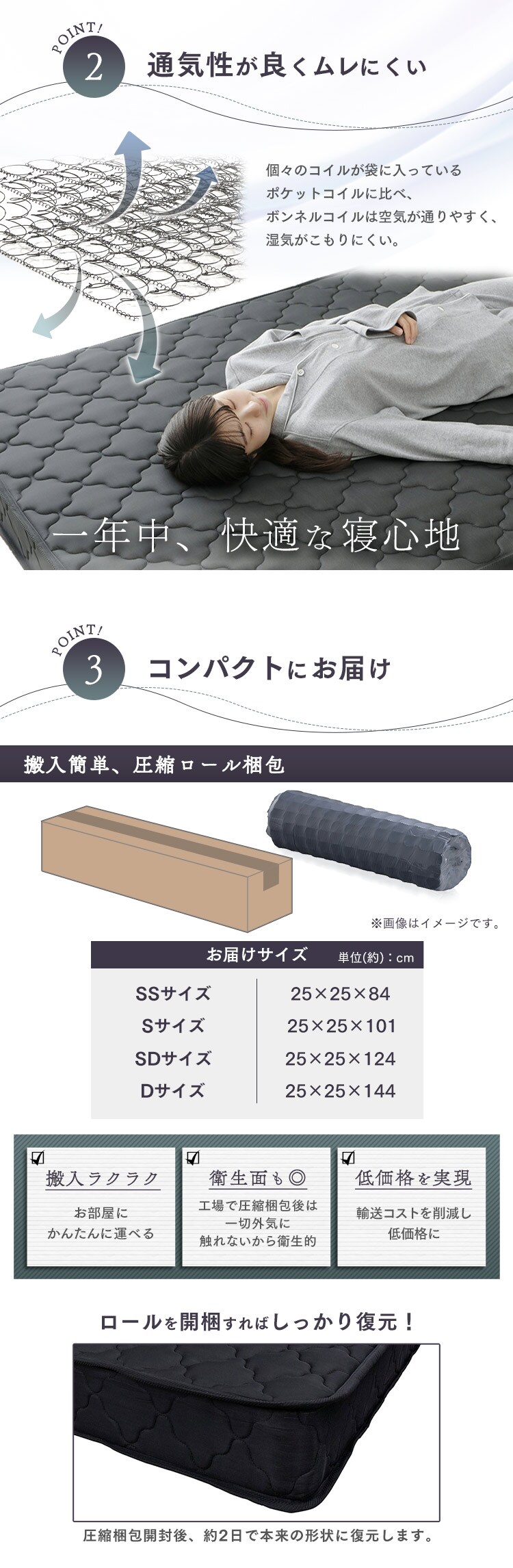 マットレス セミシングル ボンネルコイル 厚さ14cm ホワイト5