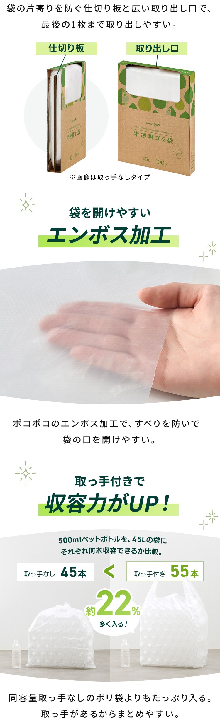【2個セット】半透明ごみ袋45L 取手付 100枚 0.012mm 【SYCP】2