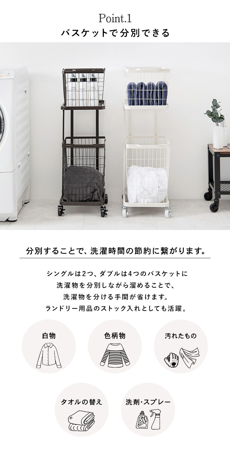 ランドリーワゴン バスケット 取り外し可能 キャスター付き シングル KR-3945WH ホワイト【時間指定不可】【代引き不可】1
