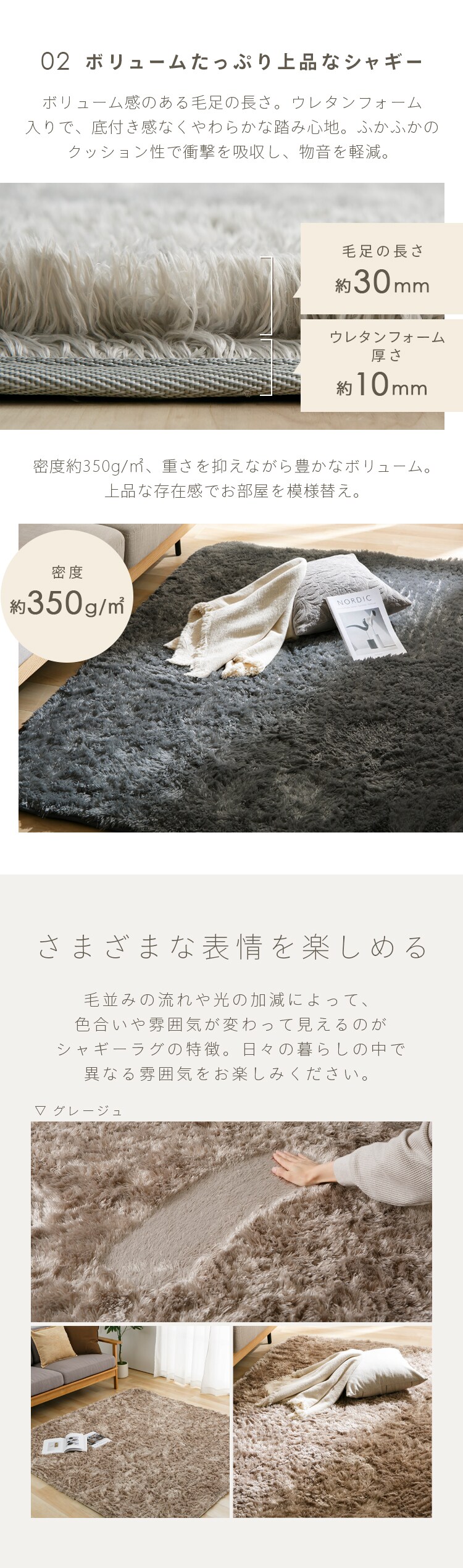 ラグ シャギーラグ ウレタン入り 抗菌防臭 防ダニ加工 130cm&times;185cm ライトグレー SGY-13184