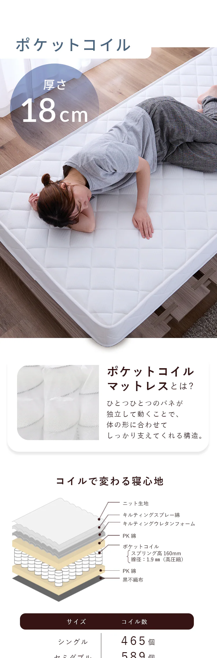 ステージベッド ポケットコイルマットレス セット SD ウォルナット/(ボンネル)ブラック4