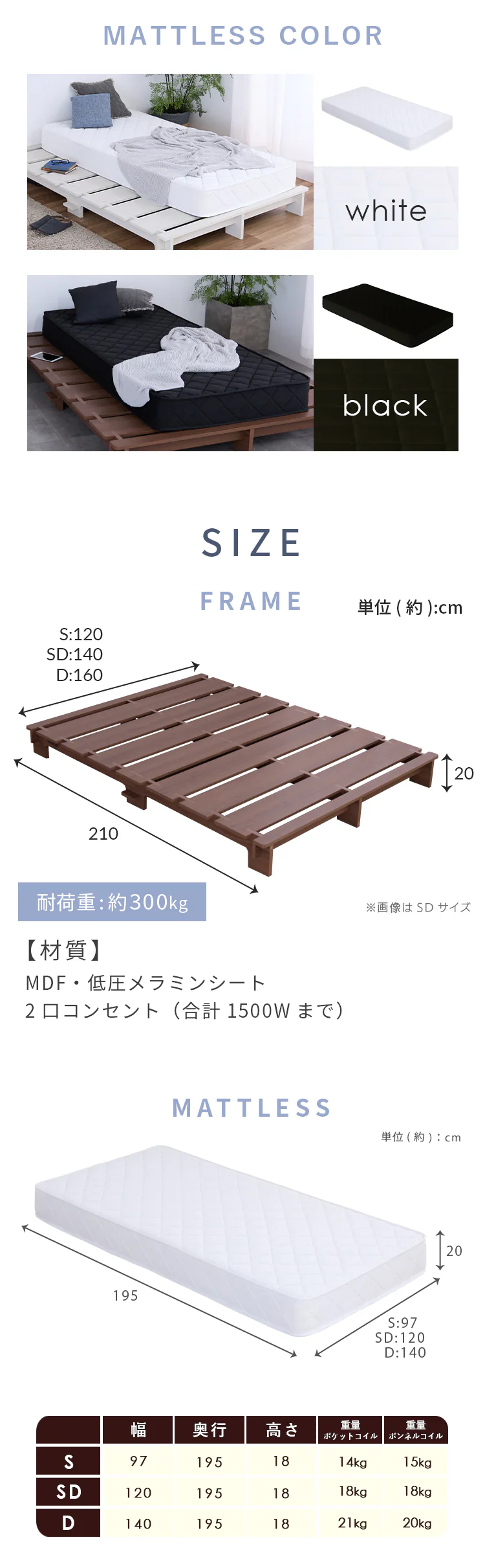 【マットレスセット】ステージベッド　　ポケットコイル20cm　セミダブル フレーム：ナチュラル　マットレス：ホワイト6