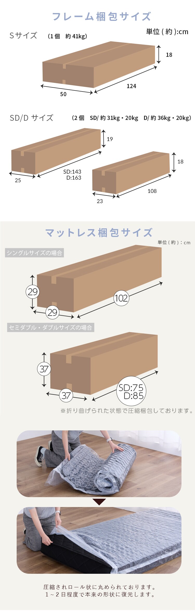 【マットレスセット】ステージベッド　　ポケットコイル20cm　セミダブル フレーム：ナチュラル　マットレス：ホワイト7
