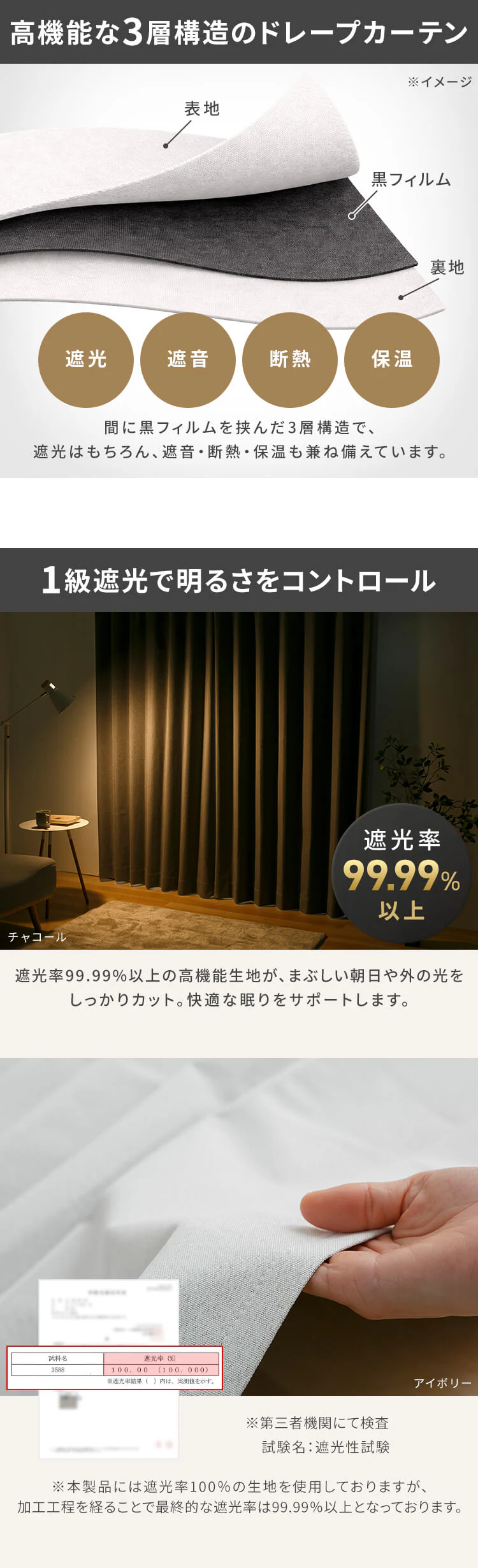 【レースカーテンセット】一級遮光 100ｘ135 ブラウン1