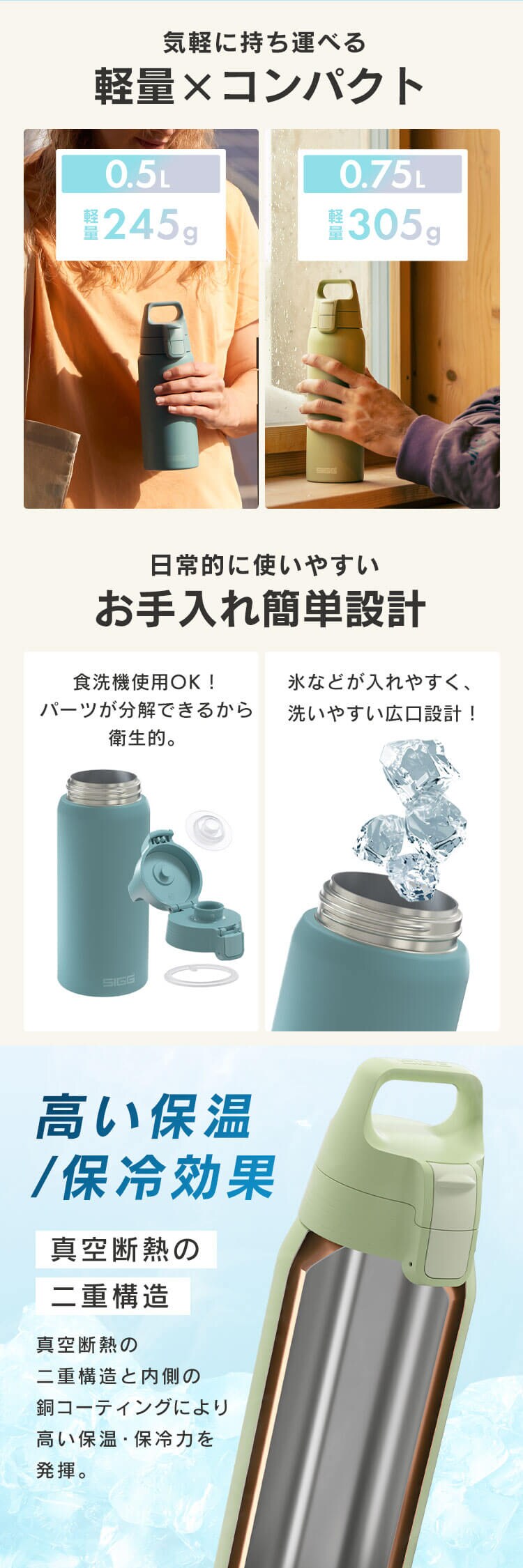 水筒 750ml 直飲み 保温 保冷 真空断熱 二重構造  0.75L シールドサーモワン SIGG シグ ピスタチオグリーン1