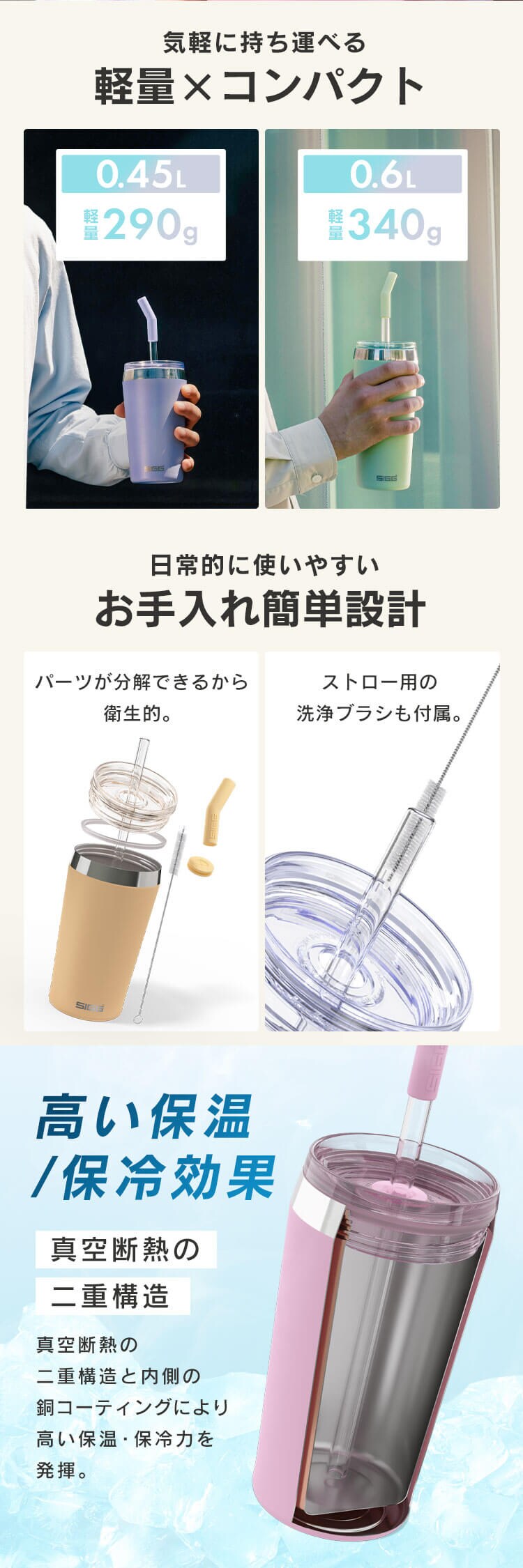 タンブラー 蓋付 保温 保冷 0.6L 600ml ホウケイ酸ガラス製 ストロー 洗浄ブラシ付 真空断熱 二重構造  イエロー1