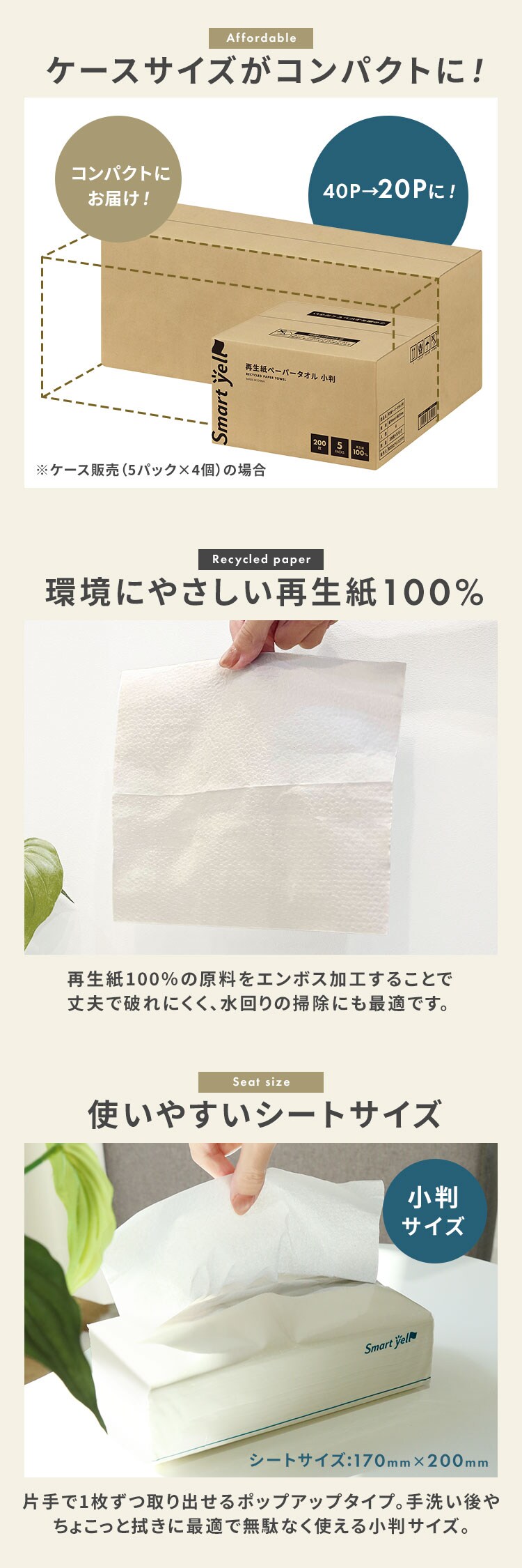 【4個セット】スマートエール 再生紙ペーパータオル 小判 200枚&times;5P【SYCP】1