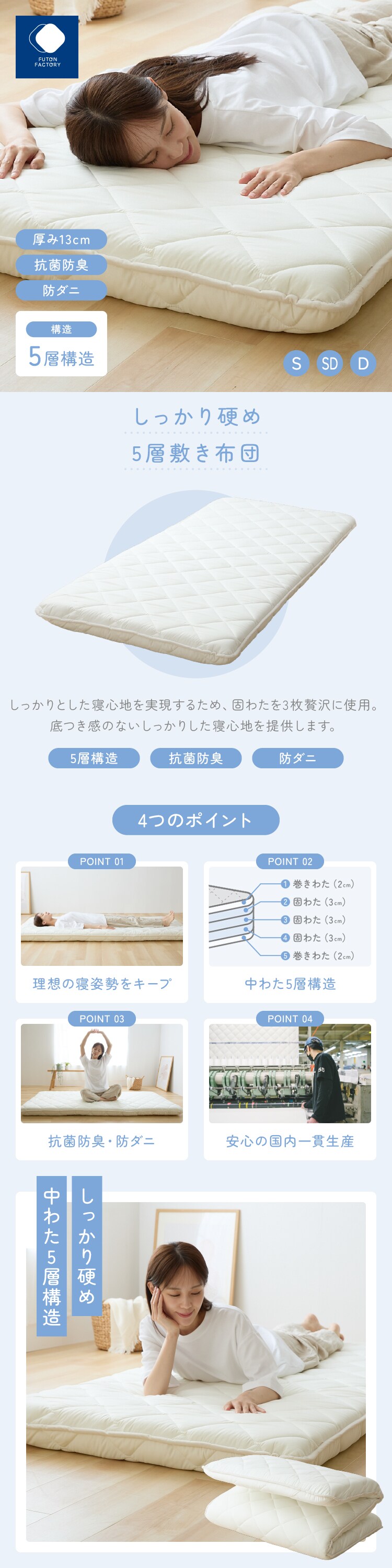 ふとんファクトリー しっかり固め五層敷き布団 SLアイボリー 7342169