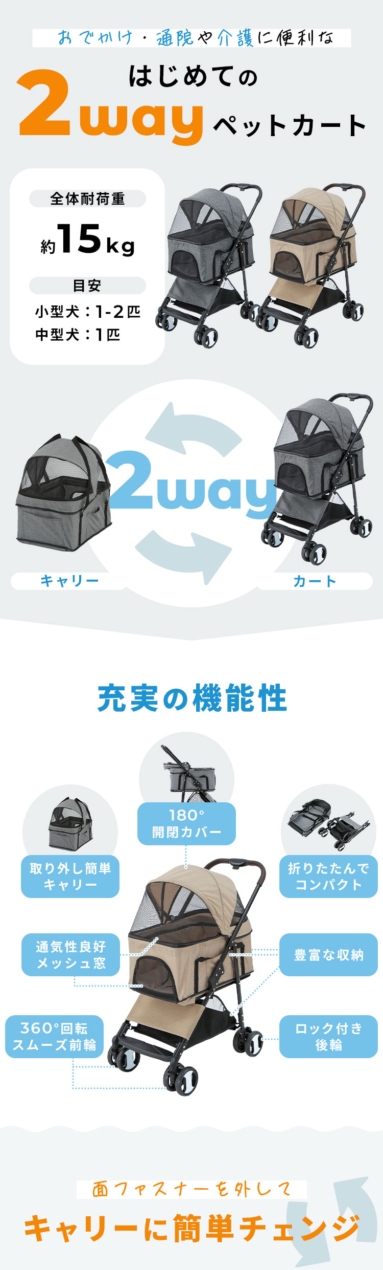 片手で組み立てができる 2wayペットカート グレー 7343350 │アイリス