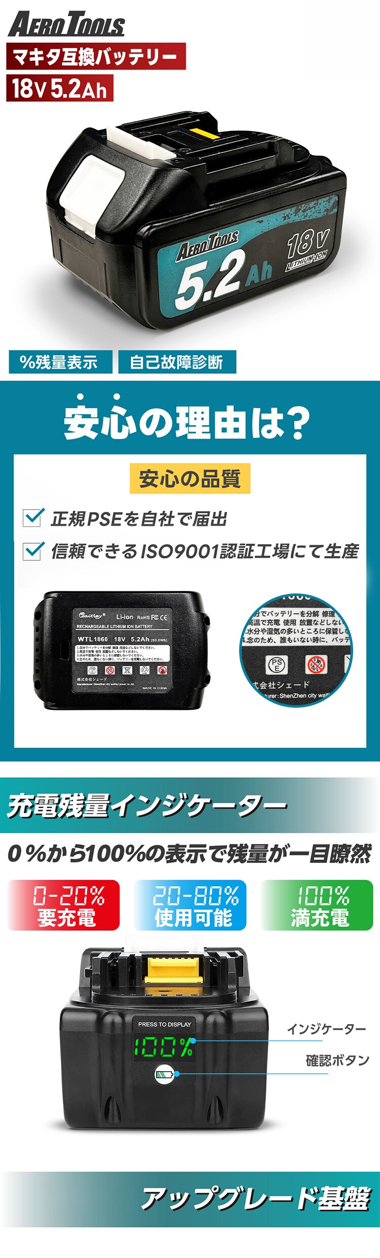 AERO TOOLS AERO TOOLS 電動工具用バッテリー 18V 5.2Ah he-bat11aero1010