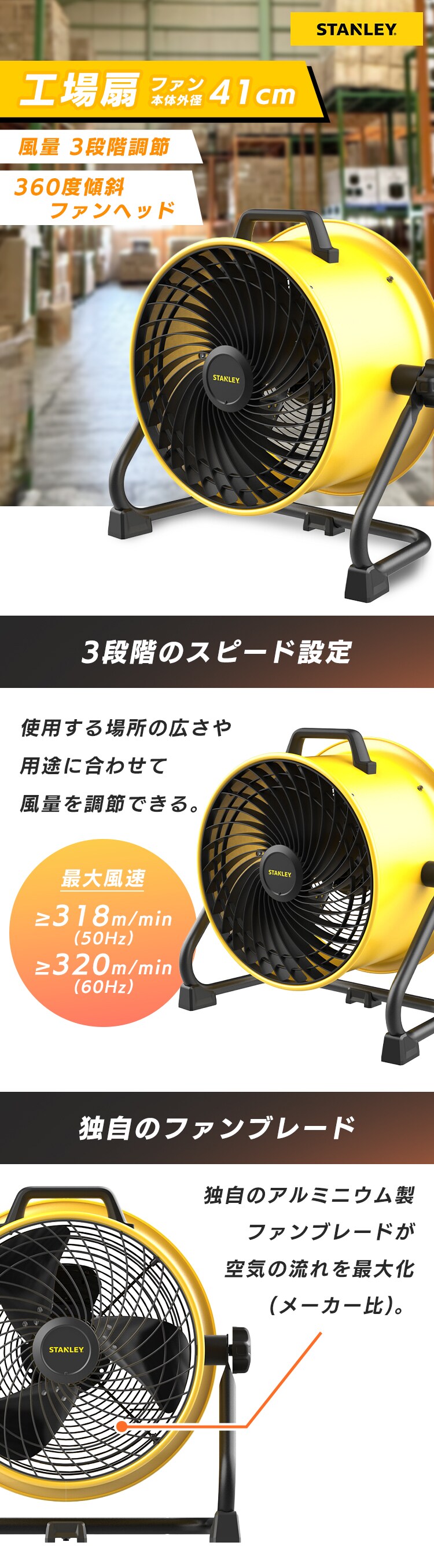 STANLEY 工業扇風機 41cm 強力送風 業務用 スタンド型 SXF004016D-JP0