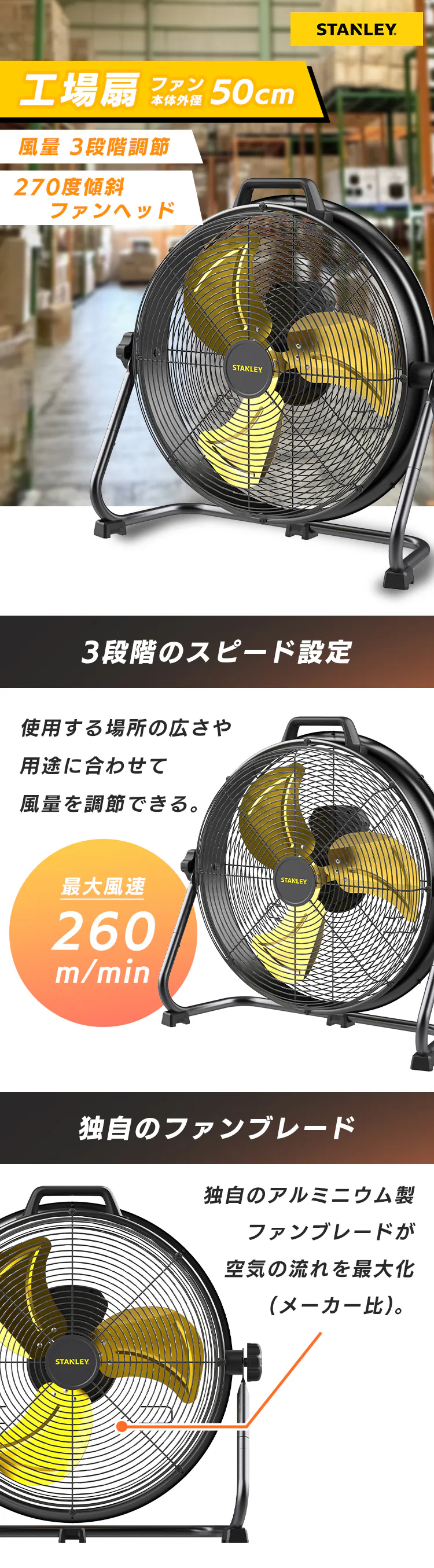STANLEY 工業扇風機 51cm 超大型 大風量 業務用 SLF005027DA0