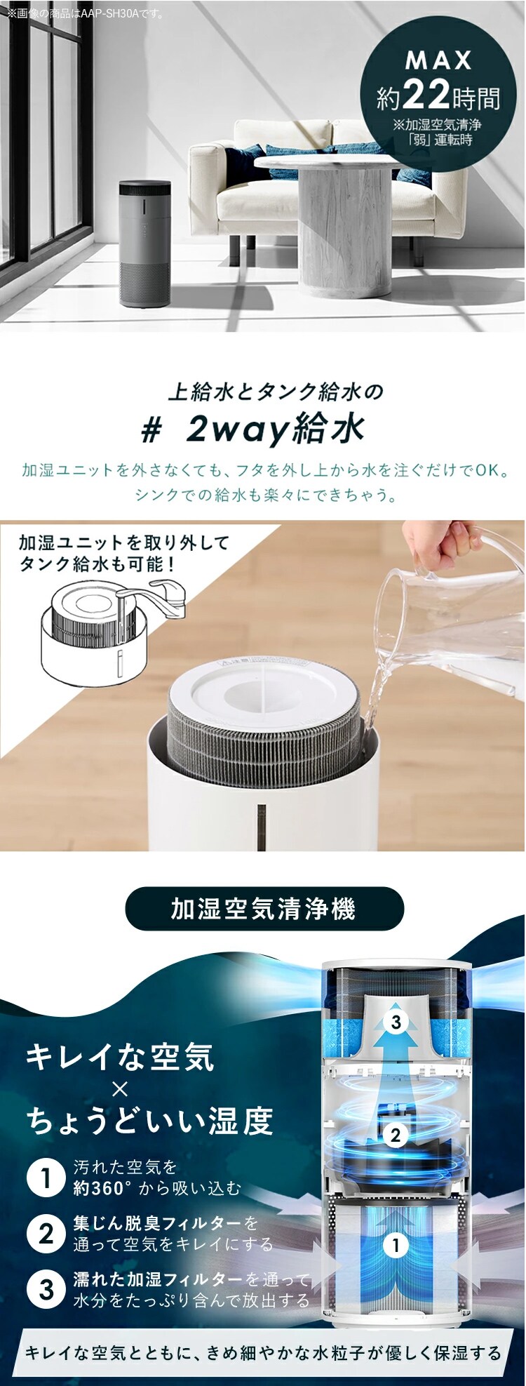 空気清浄機 16畳 風量3段階  切タイマー コンパクト お手入れ簡単 AAP-S30B-H グレー3