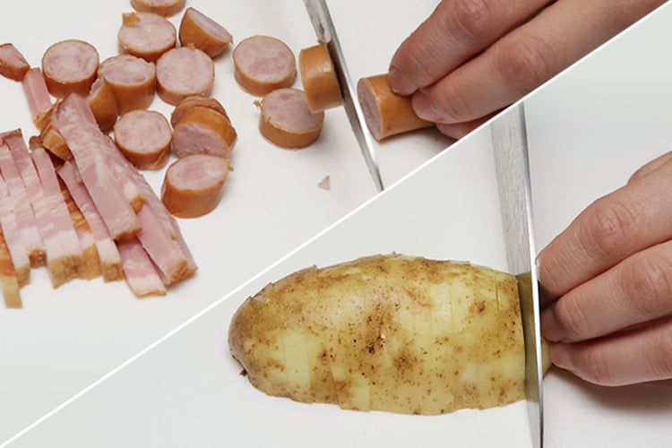 新じゃがいもは5o半月スライスにして水にさらし、ウインナー、厚切りベーコンは5oスライスに切っておく