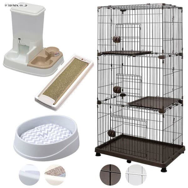  【4点セット】ペット用自動給餌器 + キャットケージ 3段 + 丸洗いできるペットベッド + ダストレスネコの爪とぎスリム