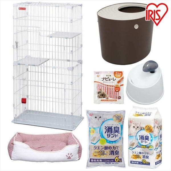  【7点セット】スリムキャットケージ2段+ねこ用ナピューレまぐろ+通年用角型ペットベッド+ウォーターディッシュ+上から猫トイレシステムタイプ+システム猫トイレ用砂6L+システム猫トイレ用脱臭シート