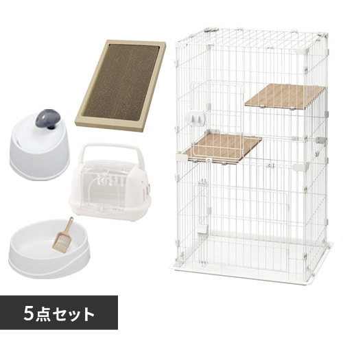 【猫用スターター5点セット】コンパクトキャットケージ(ナチュラル)・猫トイレ・給水機・爪とぎ・キャリー