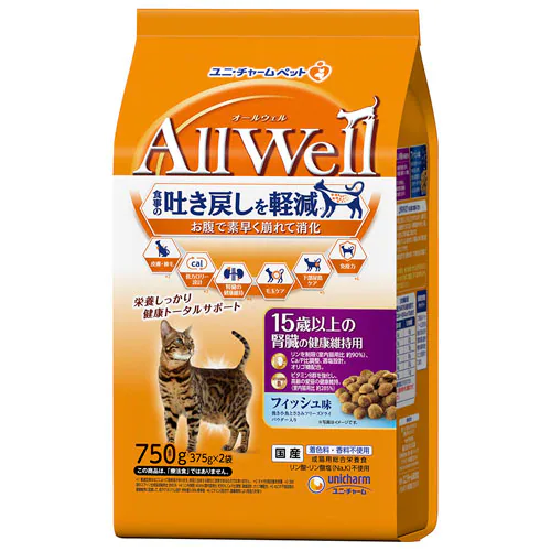 ユニ・チャーム AllWell フィッシュ味挽き小魚とささみフリーズドライパウダー入り 750g(375g×2袋) 15歳以上の腎臓の健康維持用_0
