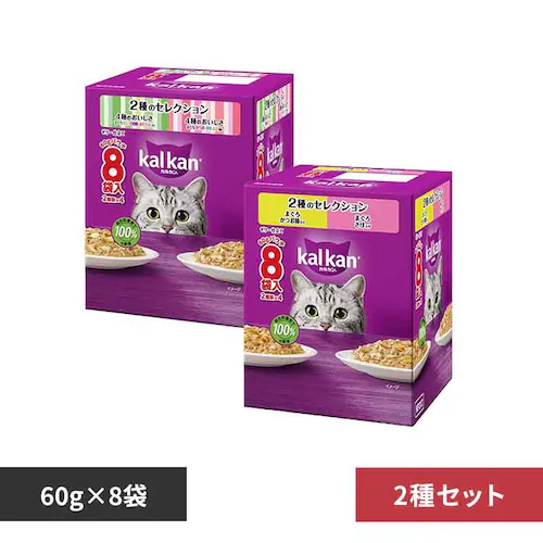 【2種セット】カルカン パウチ 2種のセレクション 4種のおいしさ  60g×8袋+まぐろかつお節入り まぐろさけ入り 60g×8袋 KP316/KP312 キャットフード ウェットフード_0