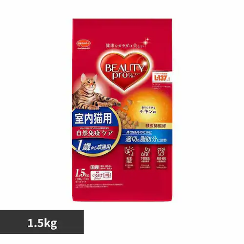 【4個セット】ビューティープロ 室内猫用 1歳からの成猫用 チキン味 1.5kg×4個 獣医師監修 キャットフード ドライフード_0