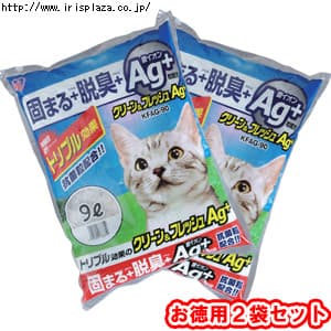 【クリックで詳細表示】【お徳用2袋セット】クリーン＆フレッシュ Ag＋ KFAg-90(9L)  「固まる＋脱臭」の効果に「銀イオン粒」を配合したベントナイト製の猫砂です。「銀イオン粒」を配合したことで雑菌の繁殖を抑え抗菌します。素早くしっかりと固まります。