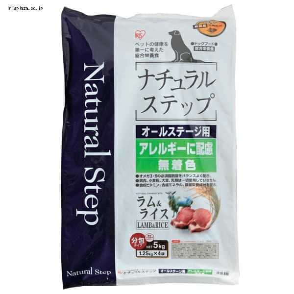 【クリックで詳細表示】ナチュラルステップ ラム＆ライス オールステージ用 NT-16A 1.6kg【単品・6個セット】    愛犬の健康を第一に考え、素材の安全性と栄養にこだわったライフステージ別の総合栄養ドライフードです。厳選したラム肉と玄米を使用しています。大豆・乳類・合成着色料・合成保存料を一切使用していません。すべての成長段階に必要なビタミン・ミネラルなどを最適なバランスで配合しました。必須脂肪酸(オメガ3.6)を含んだ亜麻仁や、ミネラルたっぷりの海藻を配合しているので、健康な皮膚と毛づやをサポートします。腸