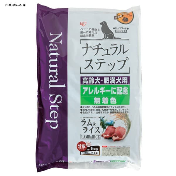 【クリックでお店のこの商品のページへ】ナチュラルステップ ラム＆ライス 高齢犬用 NT-16S 1.6kg【単品・6袋セット】    愛犬の健康を第一に考え、素材の安全性と栄養にこだわったライフステージ別の総合栄養ドライフードです。厳選したラム肉と玄米を使用しています。大豆・乳類・合成着色料・合成保存料を一切使用していません。高齢犬・肥満犬にに必要なビタミン・ミネラルなどを最適なバランスで配合しました。必須脂肪酸(オメガ3.6)を含んだ亜麻仁や、ミネラルたっぷりの海藻を配合しているので、健康な皮膚と毛づやをサポートします。腸内の健康