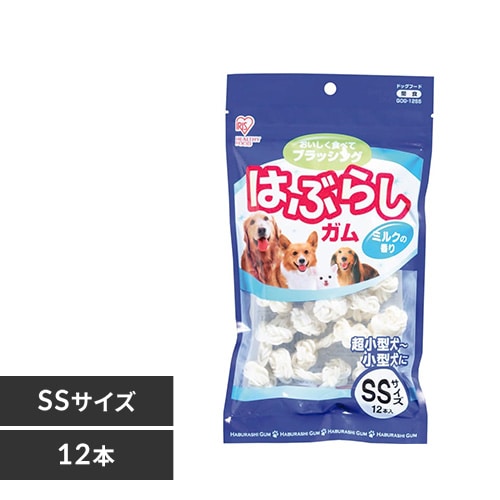 【クリックでお店のこの商品のページへ】はぶらしガム GOG-12SS(SS12本)・6S(S6本)・4M(M4本)・2L(L2本) 【単品】・【2袋セット】・【4袋セット】    歯ぐきを刺激する特殊形状。小さくほどけて、歯のすき間まで届きます。ワンちゃんが大好きなミルク味のはぶらしガムです。コラーゲンたっぷりの牛皮を使用し、食べやすい形状に仕上げました。小さくほどけて、ワンちゃんの歯や歯ぐきのすき間に届き、おいしく食べながら歯磨きが出来ます。※歯ぐきの弱いワンちゃんに与える場合には、水に2～3分浸し、やわらかくしてから与えてくださ