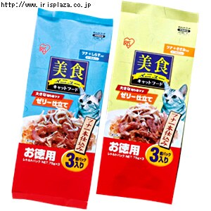 【クリックでお店のこの商品のページへ】美食メニューツナ一本仕込み 75g ≪ゼリー仕立て≫ ささみ入り・しらす入り【単品・3個セット・72個セット】    大きなツナの切り身とかつおぶしが入った食べごたえのある猫用ウェットフード(栄養補完食)です。風味豊かなツナフレークをゼリーで仕立てました。【与え方】体重2～3kgの愛猫に、1日1～2袋を目安にして、ドライフードなどの総合栄養食と一緒に与えてください。※与える量は体重に合わせて加減してください。