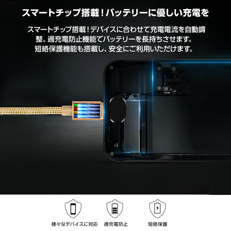 スマホ 黒 充電ケーブル Type-C 3ポート 1.5m 急速 同時充電 Android