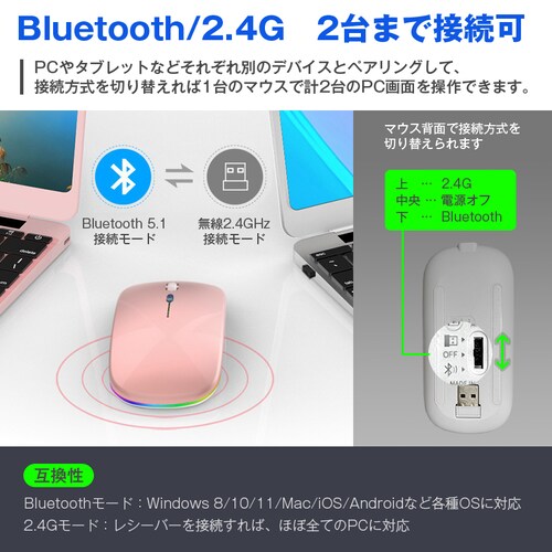�}�E�X �z���C�g ���C�����X �É� ���^ �R�[�h���X Bluetooth5.1 ���� 2.4GHz �y�� USB �[�d�� ���^ �����x ���w�� DPI���� LED���� PC Windows Mac �^_7