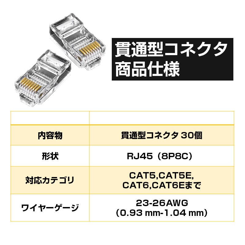 LANケーブル自作セット 貫通コネクタ30個+かしめ工具+LANテスター+CAT6ALANケーブル30m RJ45 8P6P 貫通型 簡単 圧着 プラグ DIY ネットワーク 配線 貫通型 LANコネクタ 30個セット RJ45 CAT6E CAT5E CAT5 LANケーブル用