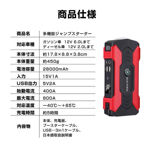 �W�����v�X�^�[�^�[ 12V �o�C�N �Ԑ�p 28000mAh ��e�� �o�b�e���[�オ�� ������ ���@�\ �E�o�n���}�[ �ً}���C�g �R���p�X �����^�� �}���[�d �ȒP �֗�_14