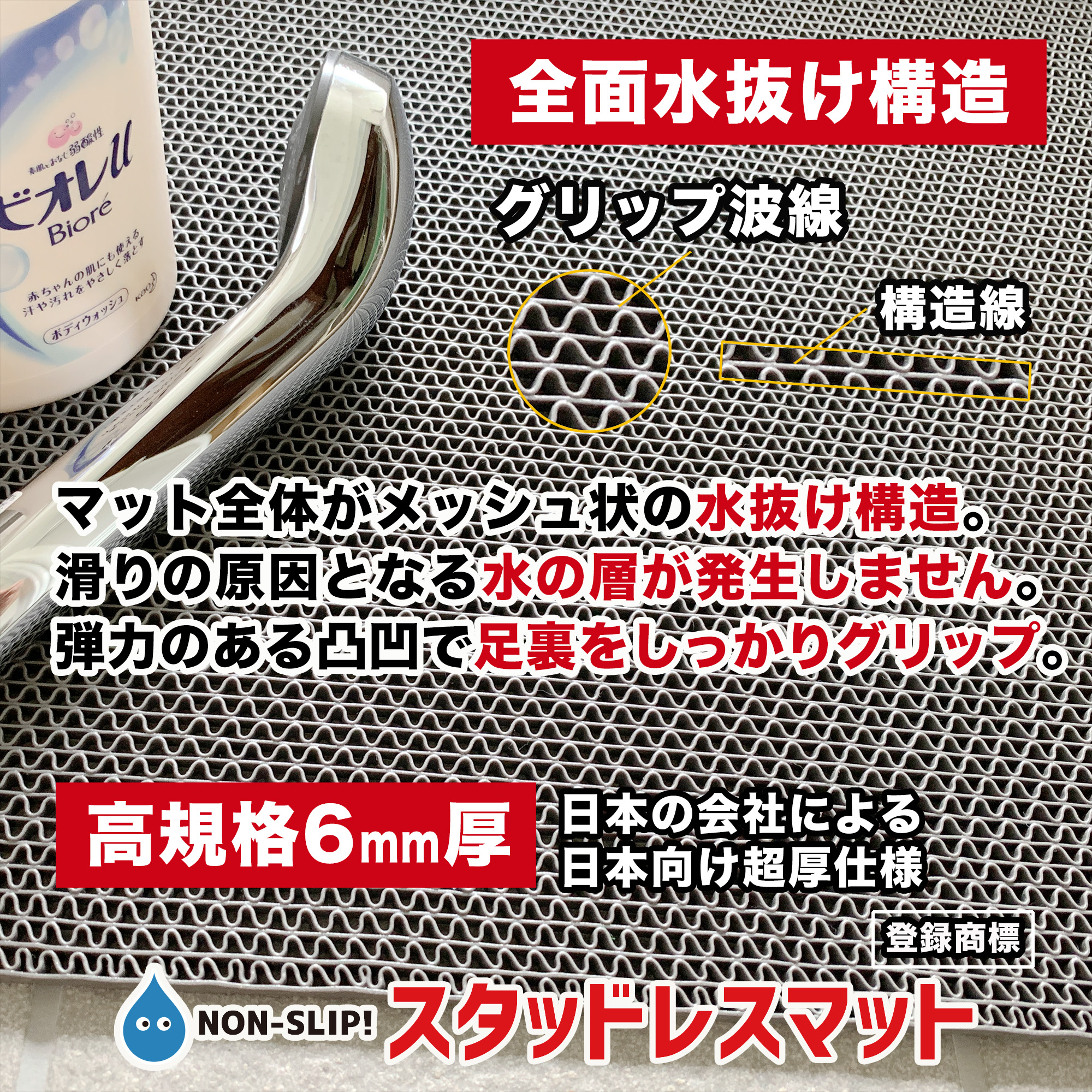お風呂の滑り止めマット 90cm×1m 4枚同梱セット グレー 高規格 6mm厚