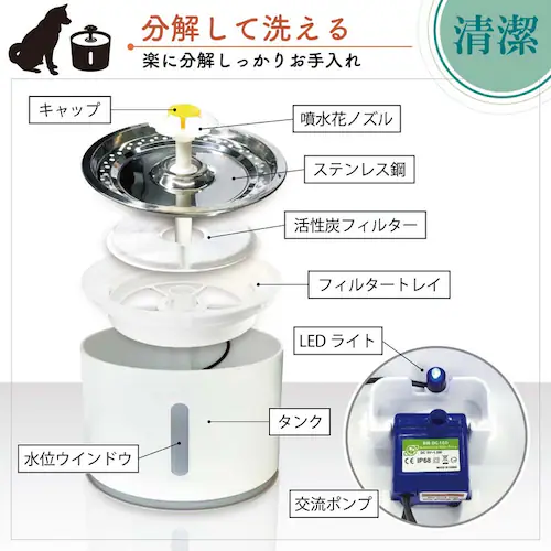 給水器 水飲み 犬用 猫用 水やり フィルター ステンレス 衛生的 安心 静音性 大容量 2.4リットル 犬 猫 自動給餌器 浄水 循環式 お手入れ 簡単_6