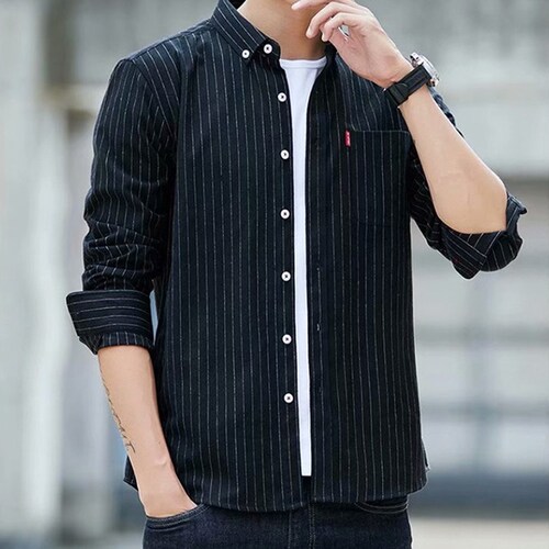 メンズ ストライプ柄長袖シャツ メンズシャツ きれいめ カジュアルシャツ ピンストライプ トップス 胸ポケット付き ボタンダウンシャツ スリムフィット ビジカジ ファッション 羽織りアイテム ライトグ_9