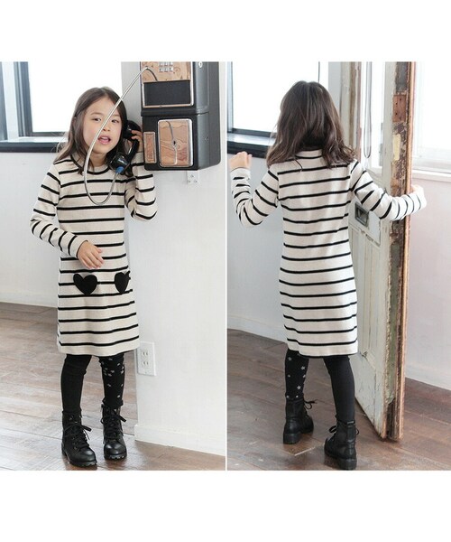 RED×NAVY 130cm キッズ ワンピース 女の子 長袖 通販 キッズワンピース 10001714 長袖ワンピース 冬 秋冬 ボーダー ハート ポケット付き しましま 綿 コットン ナチュラル _1