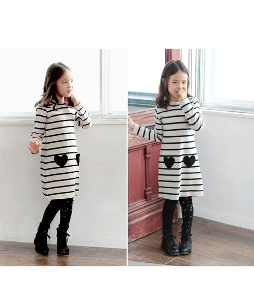 RED×NAVY 130cm キッズ ワンピース 女の子 長袖 通販 キッズワンピース 10001714 長袖ワンピース 冬 秋冬 ボーダー ハート ポケット付き しましま 綿 コットン ナチュラル _2