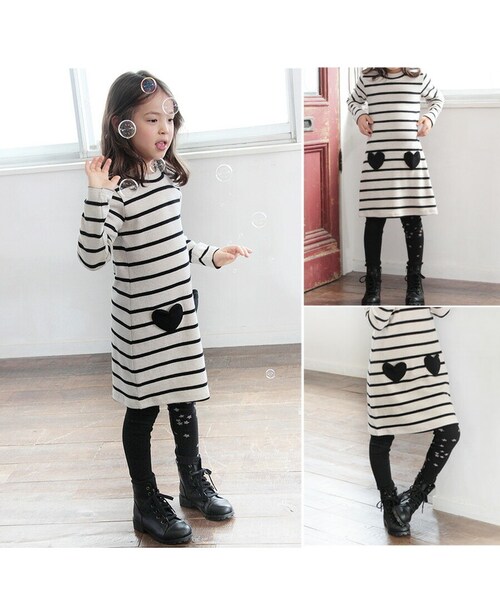 RED×NAVY 130cm キッズ ワンピース 女の子 長袖 通販 キッズワンピース 10001714 長袖ワンピース 冬 秋冬 ボーダー ハート ポケット付き しましま 綿 コットン ナチュラル _3