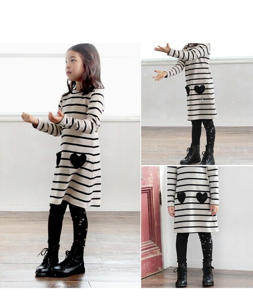 RED×NAVY 130cm キッズ ワンピース 女の子 長袖 通販 キッズワンピース 10001714 長袖ワンピース 冬 秋冬 ボーダー ハート ポケット付き しましま 綿 コットン ナチュラル _4