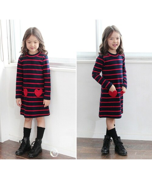 RED×NAVY 130cm キッズ ワンピース 女の子 長袖 通販 キッズワンピース 10001714 長袖ワンピース 冬 秋冬 ボーダー ハート ポケット付き しましま 綿 コットン ナチュラル _5